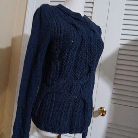 Joan Vass Small Navy Chunky-Cable-Knit Long-Sleeved Sweater Wool Blend - Picture 5 of 14